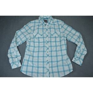 REI Northway Plaid Long Sleeve Snap Button Shirt Women L Blue White Green